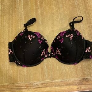 Black Push-Up Bra with Pink & Purple Floral Embroidery